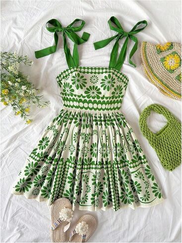 Floerns Women's Summer Floral Print Tie Shoulder Cami Dress Flare Hem Boho Mini Dress in Kuwait