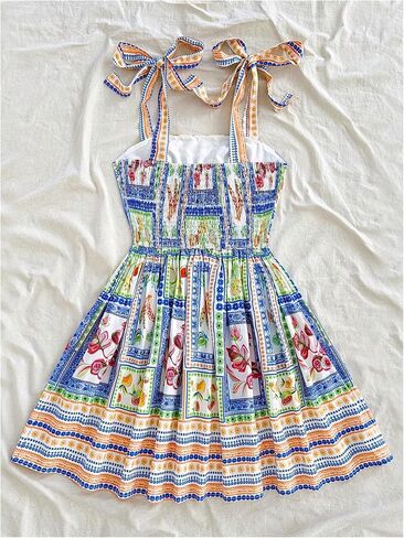 Floerns Women's Summer Floral Print Tie Shoulder Cami Dress Flare Hem Boho Mini Dress in Kuwait