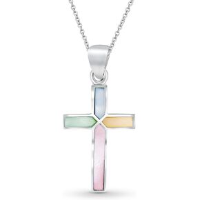 AeraVida Cross of Faith Inlaid Multicolor Mother of Pearl .925 Sterling Silver Pendant Necklace