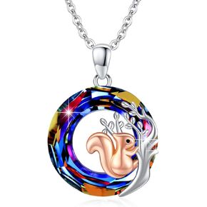 Tree of Life Necklace for Women S925 Sterling Silver Tree of Life Squirrel Pendant Necklace with Crystal Cute Animal Jewelry Gift for Women Girls