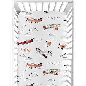 تصميمات Sweet Jojo Designs Vintage Airplane Boy المجهزة ملاءة سرير صغيرة للأطفال لحضانة الأطفال المحمولة واللعب - رمادي أصفر برتقالي أحمر أبيض أزرق طائرات طائرة جوية نقل غيوم Sky Aviator in Kuwait