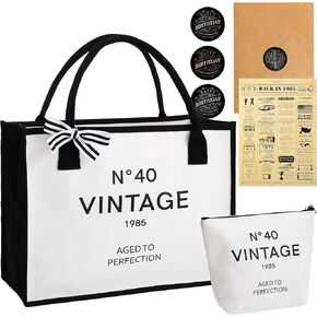 Crisky 40th Birthday Gifts for Women Canvas Tote Bag N40 Beach Bag for Wife/Sister/Mom/Aunt/Friends 40th Birthday Gifts,17" x 12" x 7", Off-white