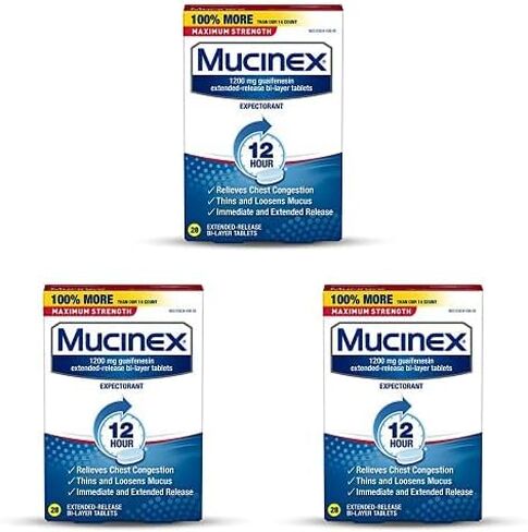 Mucinex 12 Hour Maximum Strength 1200 mg Guaifenesin Extended-Release Tablets for Excess Mucus Relief, Expectorant Aids Excess Mucus Removal, Chest Congestion Relief, 28 Tablets in Kuwait