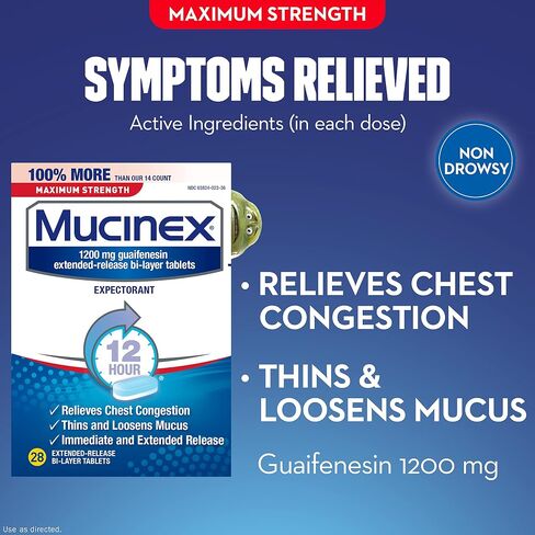 Mucinex 12 Hour Maximum Strength 1200 mg Guaifenesin Extended-Release Tablets for Excess Mucus Relief, Expectorant Aids Excess Mucus Removal, Chest Congestion Relief, 28 Tablets in Kuwait