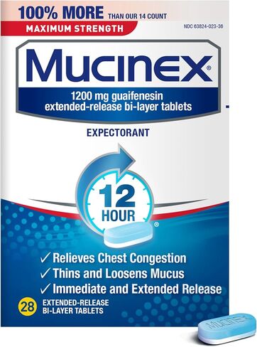 Mucinex 12 Hour Maximum Strength 1200 mg Guaifenesin Extended-Release Tablets for Excess Mucus Relief, Expectorant Aids Excess Mucus Removal, Chest Congestion Relief, 28 Tablets in Kuwait