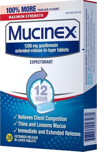 Mucinex 12 Hour Maximum Strength 1200 mg Guaifenesin Extended-Release Tablets for Excess Mucus Relief, Expectorant Aids Excess Mucus Removal, Chest Congestion Relief, 28 Tablets in Kuwait