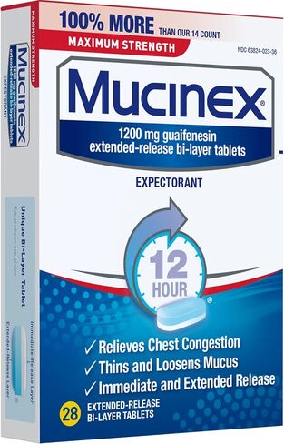 Mucinex 12 Hour Maximum Strength 1200 mg Guaifenesin Extended-Release Tablets for Excess Mucus Relief, Expectorant Aids Excess Mucus Removal, Chest Congestion Relief, 28 Tablets in Kuwait