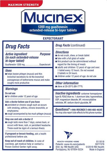 Mucinex 12 Hour Maximum Strength 1200 mg Guaifenesin Extended-Release Tablets for Excess Mucus Relief, Expectorant Aids Excess Mucus Removal, Chest Congestion Relief, 28 Tablets in Kuwait
