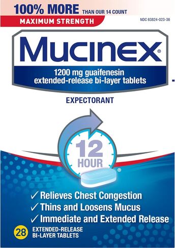 Mucinex 12 Hour Maximum Strength 1200 mg Guaifenesin Extended-Release Tablets for Excess Mucus Relief, Expectorant Aids Excess Mucus Removal, Chest Congestion Relief, 28 Tablets in Kuwait