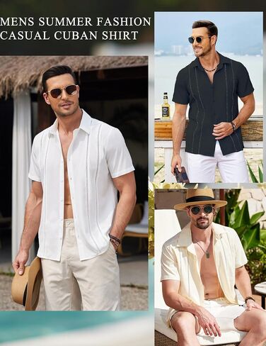 قميص COOFANDY الرجالي الكوبي Guayabera بأكمام قصيرة وأزرار للأسفل قمصان الصيف للشاطئ قميص غير رسمي لقضاء العطلات ملابس المنتجعات in Saudi Arabia