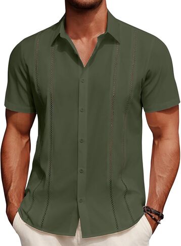قميص COOFANDY الرجالي الكوبي Guayabera بأكمام قصيرة وأزرار للأسفل قمصان الصيف للشاطئ قميص غير رسمي لقضاء العطلات ملابس المنتجعات in Saudi Arabia