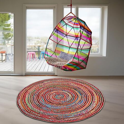 3' Round Handwoven Jute Chindi Area Rug - Colorful Boho Rugs for Living Room - Hand Braided Multicolor Bohemian Rug for Farmhouse, Bedroom, Dining Room, Classroom, Hallway, Kitchen, Office in Kuwait