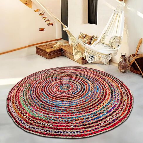 3' Round Handwoven Jute Chindi Area Rug - Colorful Boho Rugs for Living Room - Hand Braided Multicolor Bohemian Rug for Farmhouse, Bedroom, Dining Room, Classroom, Hallway, Kitchen, Office in Kuwait
