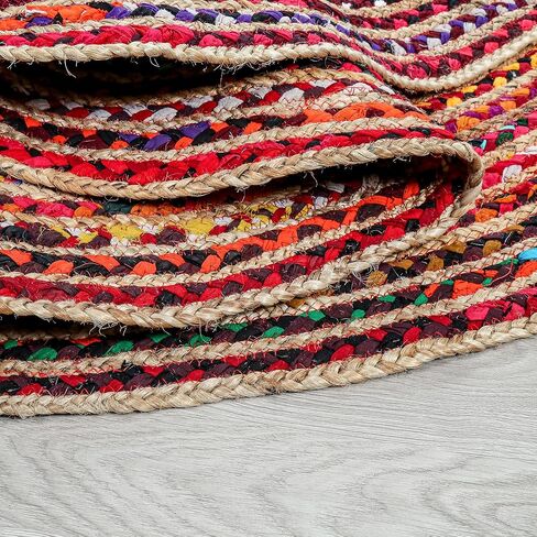 3' Round Handwoven Jute Chindi Area Rug - Colorful Boho Rugs for Living Room - Hand Braided Multicolor Bohemian Rug for Farmhouse, Bedroom, Dining Room, Classroom, Hallway, Kitchen, Office in Kuwait