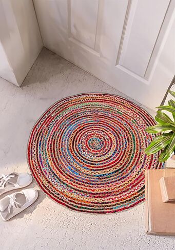 3' Round Handwoven Jute Chindi Area Rug - Colorful Boho Rugs for Living Room - Hand Braided Multicolor Bohemian Rug for Farmhouse, Bedroom, Dining Room, Classroom, Hallway, Kitchen, Office in Kuwait
