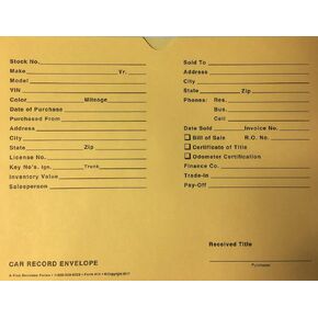 A Plus Printed Paper Car Record Envelope File Folder 12" x 9" Buff Quantity 500