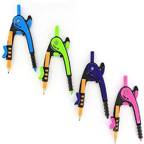 Emraw Bright Colored (Purple, Green, Blue & Pink) Scale-Arm Compass with #2 Wood Pencil Used for Math and Geometry - Great for School, Home & Office - (4-Pack)