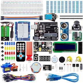 Super Starter Kit Project Kit with Breadboard, Power Supply, Jumper Wires, Resistors, LED, LCD 1602, Sensors, Detailed Tutorial for Project, Compatible with Arduino UNO R3 Project