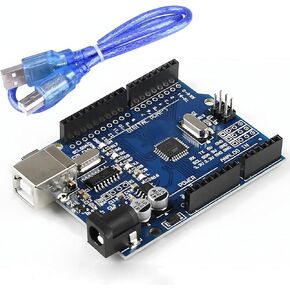 UNO R3 Board ATmega328P with USB Cable(Arduino-Compatible) for Arduino, Input Voltage 7-12V, 16MHZ,14 Digital 1/0 pins Support PWM, SRAW 2KB, Compatible with RPi 4B/3B+/3B/2B/B+/Zero/Zero W