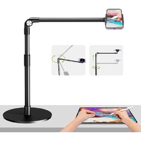 elitehood Heavy Duty Aluminum Overhead Phone Stand, 15 in Long Arm iPhone Holder for Video Recording, 360 Degrees Swivel Tilt Overhead Phone Mount for Filming, Meeting, Cooking, Painting and Crafting