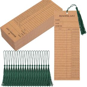 100 Pieces Reading List Bookmark with Tassels, 3 x 8 Inch Kraft Personal Libraries Cards 20 Pieces Tassels for Reading Lovers Kids Students Teachers(Brown)