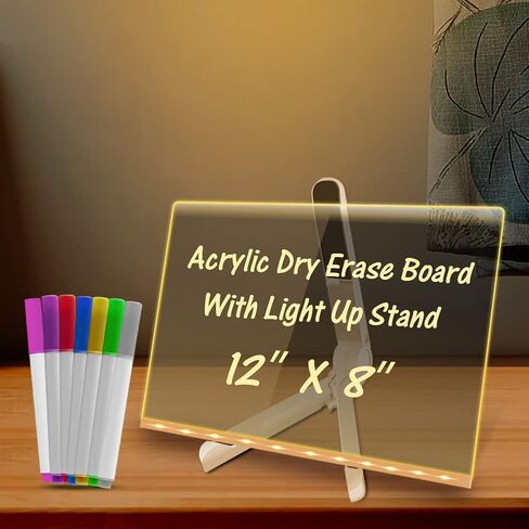 Acrylic Dry Erase White Board 12" x 8" Clear Desktop Whiteboard with Light Up Stand for Desk LED Letter Message Board with 7 Colors Pens in Saudi Arabia