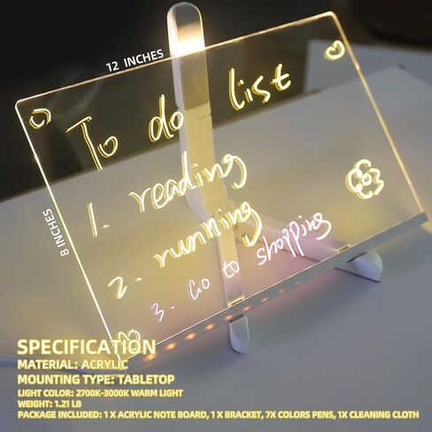 Acrylic Dry Erase White Board 12" x 8" Clear Desktop Whiteboard with Light Up Stand for Desk LED Letter Message Board with 7 Colors Pens in Saudi Arabia