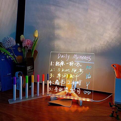 Acrylic Dry Erase White Board 12" x 8" Clear Desktop Whiteboard with Light Up Stand for Desk LED Letter Message Board with 7 Colors Pens in Saudi Arabia