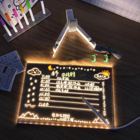 Acrylic Dry Erase White Board 12" x 8" Clear Desktop Whiteboard with Light Up Stand for Desk LED Letter Message Board with 7 Colors Pens in Saudi Arabia
