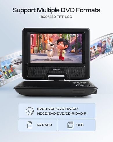 مشغل DVD محمول YOTON مقاس 9.5 بوصة، بطارية مدمجة لمدة 4-6 ساعات، شاشة HD دوارة 7.5 بوصة، للأطفال والسيارة، يدعم مزامنة الشاشة مع التلفزيون، ويدعم بطاقة SD/USB/تنسيقات الأقراص المتعددة in Kuwait