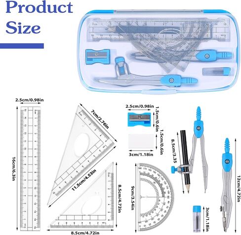 Compass Protractor Sset, Compass for Geometry Set, Protractor Set, 10 Pcs Geometry Kit Includes Protractor, Compass, Rulers, Eraser, Sharpener, Refills, Pencil for Drawings and Drafting in Saudi Arabia