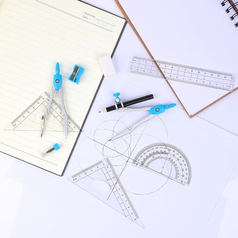 Compass Protractor Sset, Compass for Geometry Set, Protractor Set, 10 Pcs Geometry Kit Includes Protractor, Compass, Rulers, Eraser, Sharpener, Refills, Pencil for Drawings and Drafting in Saudi Arabia