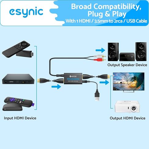 جهاز استخراج الصوت HDMI المحمول من eSynic 4K HDMI Audio Extractor ABS HDMI إلى محول الصوت التوصيل والتشغيل محول HDMI إلى 3.5 مم مع كابل 3.5 مم إلى RCA يدعم 4K@30 هرتز/1080 بكسل لتجربة مشاهدة ممتازة in Kuwait