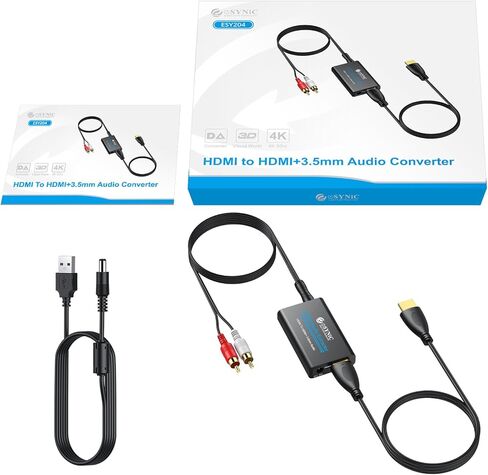 جهاز استخراج الصوت HDMI المحمول من eSynic 4K HDMI Audio Extractor ABS HDMI إلى محول الصوت التوصيل والتشغيل محول HDMI إلى 3.5 مم مع كابل 3.5 مم إلى RCA يدعم 4K@30 هرتز/1080 بكسل لتجربة مشاهدة ممتازة in Kuwait
