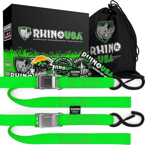Rhino USA Motorcycle Tie Down Straps (2 Pack) Lab Tested 3,328lb Break Strength, Steel Cambuckle Tiedown Set with Integrated Soft Loops - Better Than a Ratchet Strap (Black 2-Pack) in Saudi Arabia