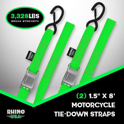 Rhino USA Motorcycle Tie Down Straps (2 Pack) Lab Tested 3,328lb Break Strength, Steel Cambuckle Tiedown Set with Integrated Soft Loops - Better Than a Ratchet Strap (Black 2-Pack) in Saudi Arabia