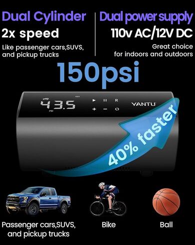 yantu ac/dc السلكية منفاخ الإطارات للمنزل 110 فولت والسيارة 12 فولت، مضخة الإطارات الكهربائية للإطارات، اسطوانة مزدوجة 2x التضخم، مقياس ضغط الإطارات مع شاشة رقمية 8.3 بوصة للدراجات / بيك اب / سيارات الدفع الرباعي in Kuwait