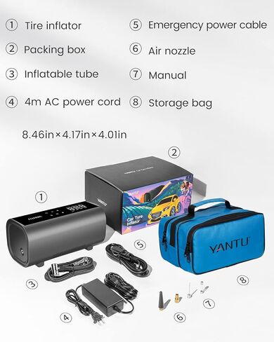 yantu ac/dc السلكية منفاخ الإطارات للمنزل 110 فولت والسيارة 12 فولت، مضخة الإطارات الكهربائية للإطارات، اسطوانة مزدوجة 2x التضخم، مقياس ضغط الإطارات مع شاشة رقمية 8.3 بوصة للدراجات / بيك اب / سيارات الدفع الرباعي in Kuwait