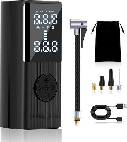 منفاخ الإطارات ضاغط هواء محمول، نفخ إطارات لاسلكي أسرع مرتين بقوة 150 رطل لكل بوصة مربعة مضخة هواء كهربائية للسيارة مع بطارية 9000 مللي أمبير في الساعة، مضخة إطارات السيارة مع ضوء LED للطوارئ للسيارة والدراجة والدراجة النارية والكرة in Kuwait