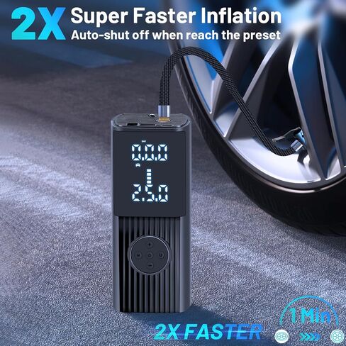 منفاخ الإطارات ضاغط هواء محمول، نفخ إطارات لاسلكي أسرع مرتين بقوة 150 رطل لكل بوصة مربعة مضخة هواء كهربائية للسيارة مع بطارية 9000 مللي أمبير في الساعة، مضخة إطارات السيارة مع ضوء LED للطوارئ للسيارة والدراجة والدراجة النارية والكرة in Kuwait