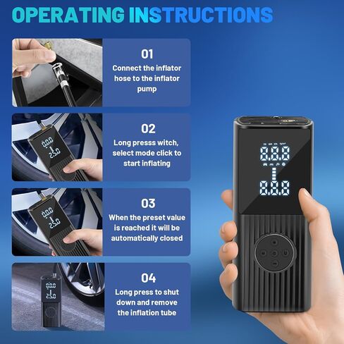 منفاخ الإطارات ضاغط هواء محمول، نفخ إطارات لاسلكي أسرع مرتين بقوة 150 رطل لكل بوصة مربعة مضخة هواء كهربائية للسيارة مع بطارية 9000 مللي أمبير في الساعة، مضخة إطارات السيارة مع ضوء LED للطوارئ للسيارة والدراجة والدراجة النارية والكرة in Kuwait