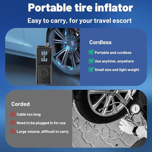 منفاخ الإطارات ضاغط هواء محمول، نفخ إطارات لاسلكي أسرع مرتين بقوة 150 رطل لكل بوصة مربعة مضخة هواء كهربائية للسيارة مع بطارية 9000 مللي أمبير في الساعة، مضخة إطارات السيارة مع ضوء LED للطوارئ للسيارة والدراجة والدراجة النارية والكرة in Kuwait