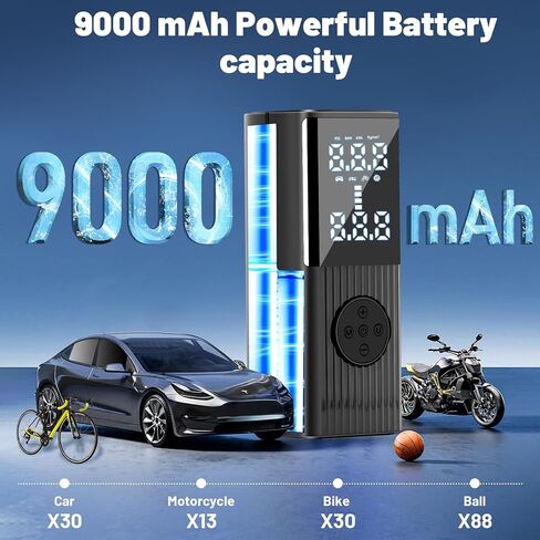 منفاخ الإطارات ضاغط هواء محمول، نفخ إطارات لاسلكي أسرع مرتين بقوة 150 رطل لكل بوصة مربعة مضخة هواء كهربائية للسيارة مع بطارية 9000 مللي أمبير في الساعة، مضخة إطارات السيارة مع ضوء LED للطوارئ للسيارة والدراجة والدراجة النارية والكرة in Kuwait