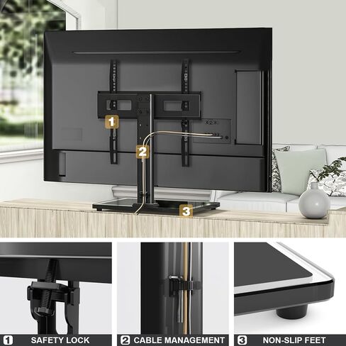 حامل تلفزيون TAVR عالمي على سطح الطاولة لتلفزيونات بشاشة مسطحة LED LCD مقاس 27-60 بوصة، قاعدة حامل تلفزيون قابلة للتعديل مع قاعدة من الزجاج المقسى، حامل تلفزيون بشاشة مسطحة يحمل ما يصل إلى 88 رطلاً، VESA 400x400 مم in Kuwait