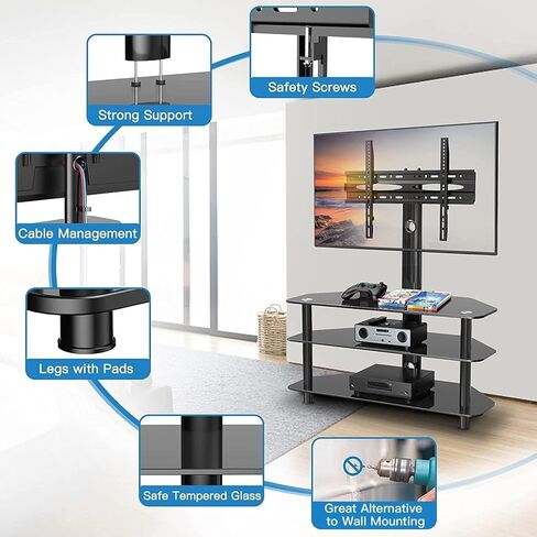 حامل / قاعدة تلفزيون أرضية دوارة من PERLESMITH لأجهزة التلفاز مقاس 32-75 بوصة - حامل أرضي للتلفزيون في الزاوية العالمية مع مساحة تخزين لحامل الترفيه القابل للتعديل بارتفاع الوسائط مع إدارة الكابلات، VESA 600x400 مم، PSFS04 in Kuwait
