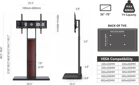 حامل تلفزيون أرضي عالمي من FITUEYES مع حامل دوار قابل للتعديل لـ 32 43 50 55 65 75 بوصة، حامل تلفزيون زاوية حديث في منتصف القرن مع رف مرن لغرفة المعيشة وغرفة النوم (أبيض وطبيعي) in Kuwait