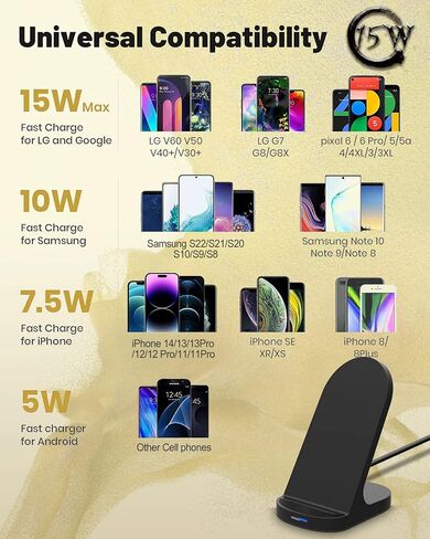 حامل شاحن هاتف لاسلكي سريع YW YUWISS بقدرة 15 واط متوافق مع Apple iPhone 14 13 12/12 Pro Max/ 11Pro/11Pro Max، متوافق مع Samsung Galaxy S22 S21 S20 (أسود) in Kuwait