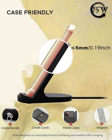 حامل شاحن هاتف لاسلكي سريع YW YUWISS بقدرة 15 واط متوافق مع Apple iPhone 14 13 12/12 Pro Max/ 11Pro/11Pro Max، متوافق مع Samsung Galaxy S22 S21 S20 (أسود) in Kuwait