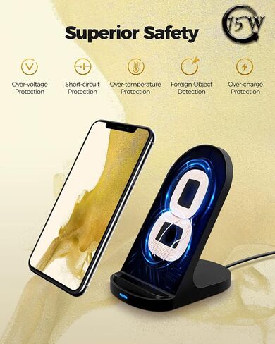 حامل شاحن هاتف لاسلكي سريع YW YUWISS بقدرة 15 واط متوافق مع Apple iPhone 14 13 12/12 Pro Max/ 11Pro/11Pro Max، متوافق مع Samsung Galaxy S22 S21 S20 (أسود) in Kuwait