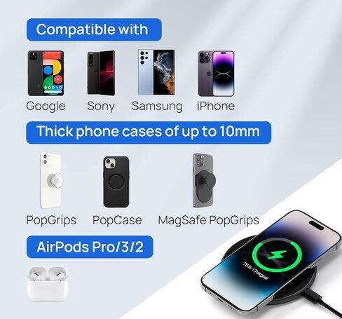 Wireless Charger for Thick Cases of 10MM/Popsocket/OtterBox, Phone Charger Pad, 15W Max Wireless Charging Pad Compatible with iPhone 15 Pro Max/14/13/12/11/Samsung Galaxy S23 (with Adapter) in Saudi Arabia